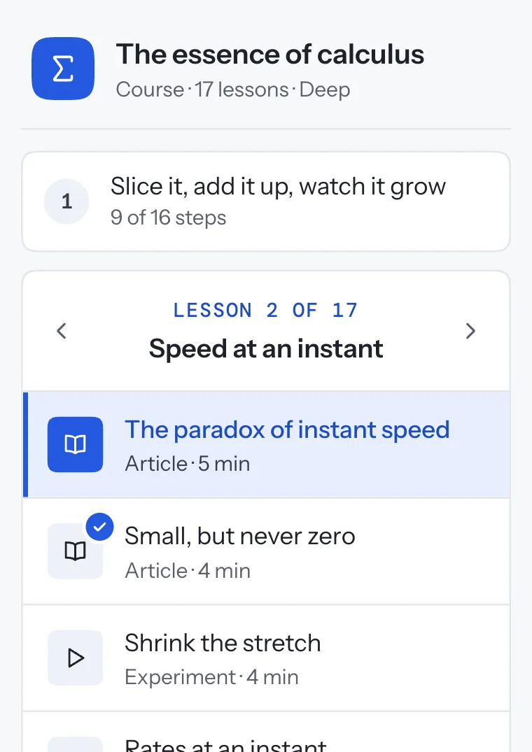 The essence of calculus in the course sidebar: lesson 1 partly done, and lesson 2 open with its five pages