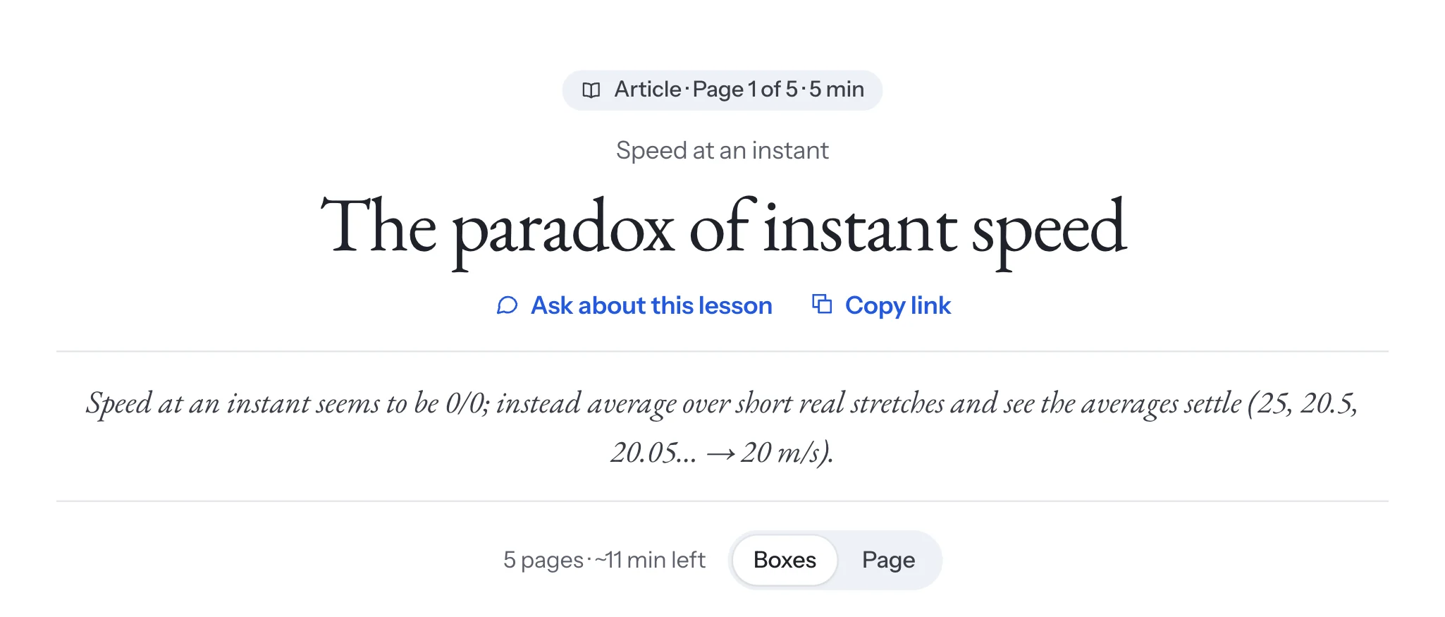 The top of a lesson, The paradox of instant speed: Ask about this lesson, and a switch between Boxes and Page
