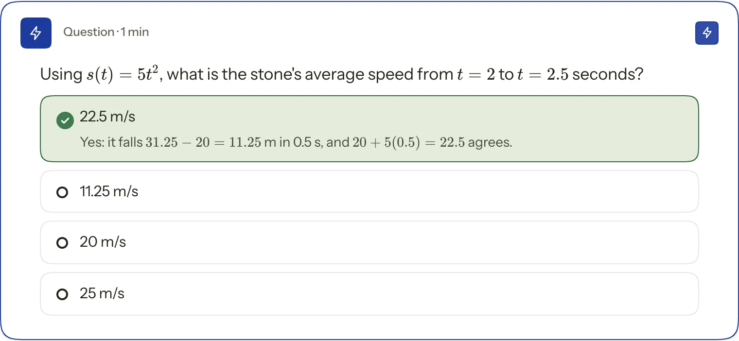 A question on a falling stone's average speed, answered: 22.5 m/s, with the working shown